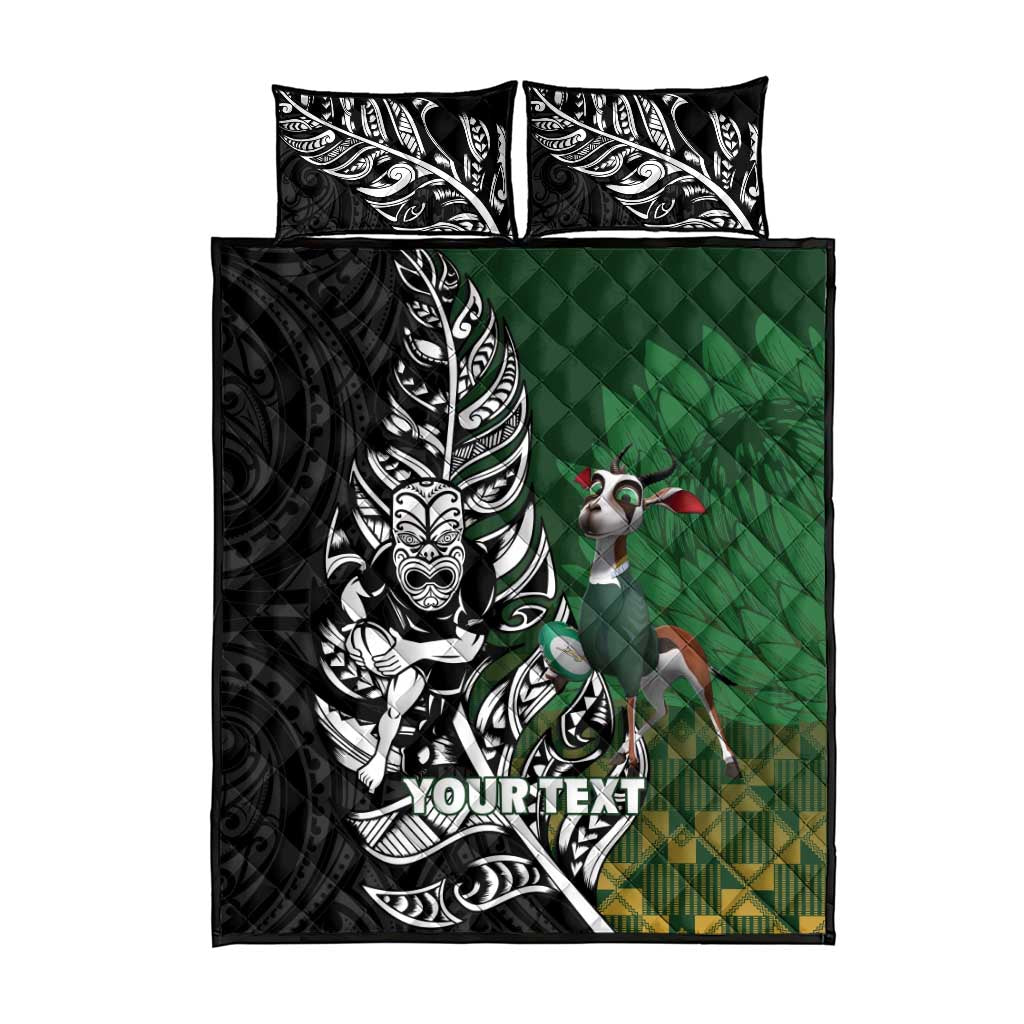 New Zealand and South Africa Rugby Custom Quilt Bed Set Maori Tiki Fern Springboks Kente Pattern - Polynesian Pride