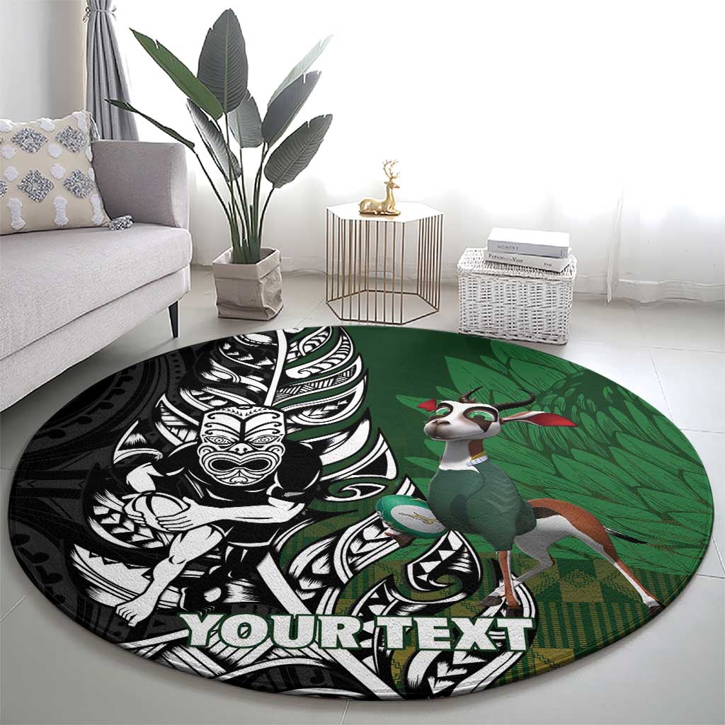New Zealand and South Africa Rugby Custom Round Carpet Maori Tiki Fern Springboks Kente Pattern - Polynesian Pride