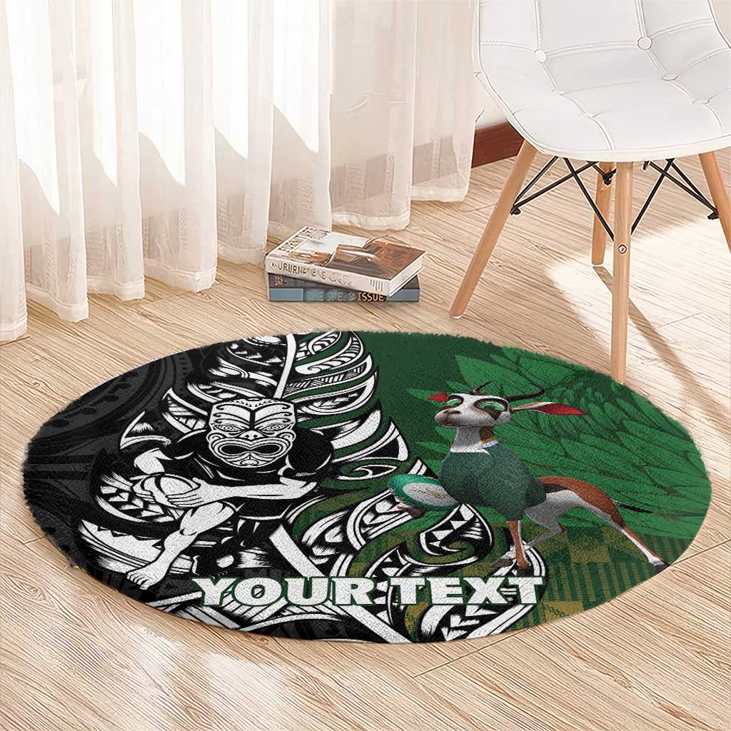 New Zealand and South Africa Rugby Custom Round Carpet Maori Tiki Fern Springboks Kente Pattern - Polynesian Pride