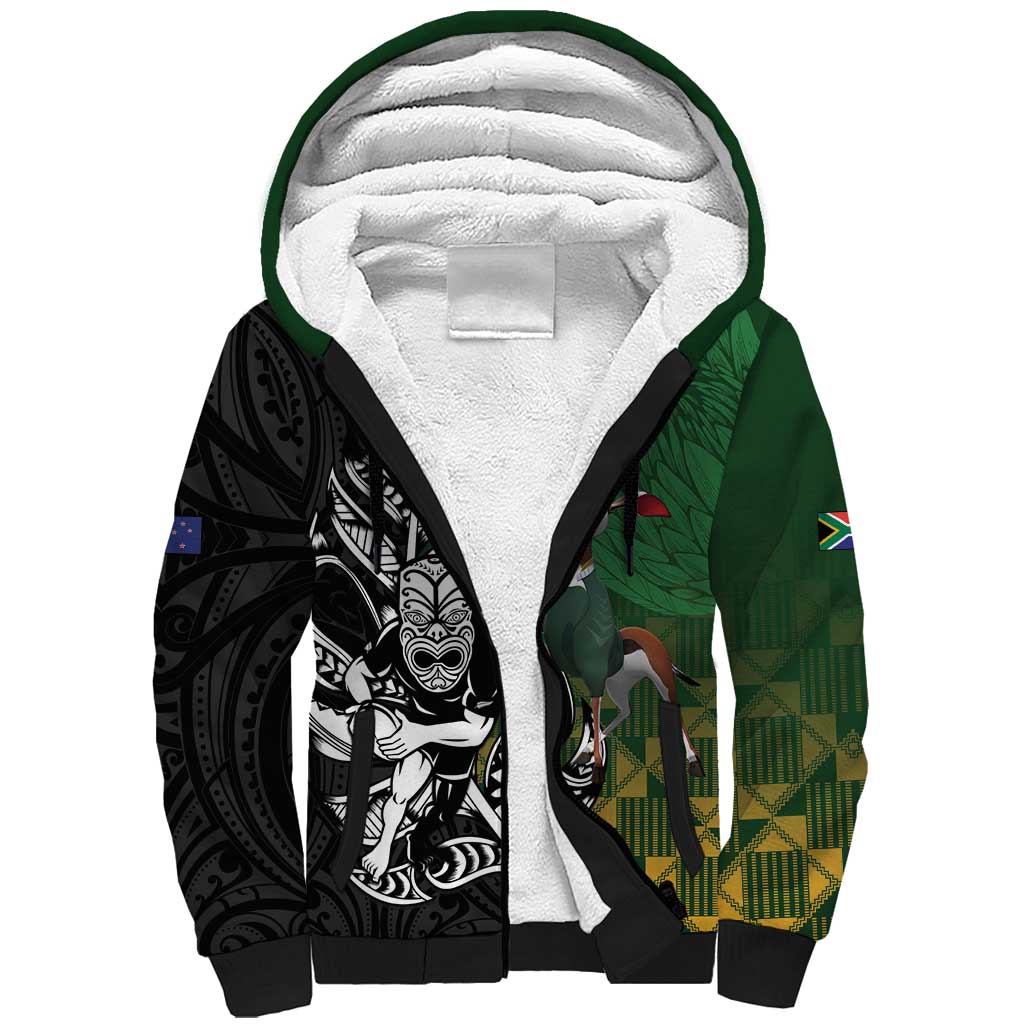 New Zealand and South Africa Rugby Custom Sherpa Hoodie Maori Tiki Fern Springboks Kente Pattern - Polynesian Pride