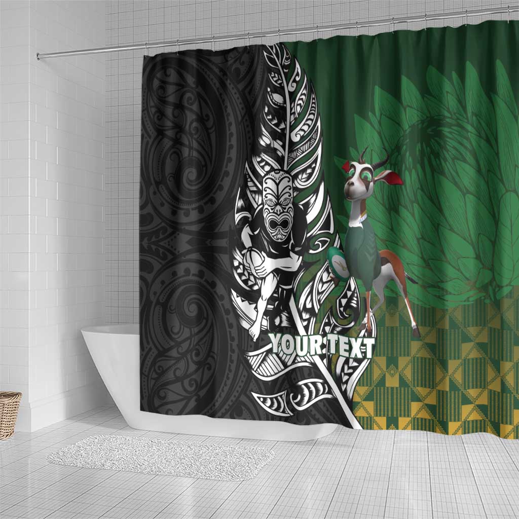 New Zealand and South Africa Rugby Custom Shower Curtain Maori Tiki Fern Springboks Kente Pattern - Polynesian Pride