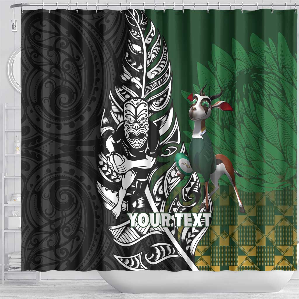 New Zealand and South Africa Rugby Custom Shower Curtain Maori Tiki Fern Springboks Kente Pattern - Polynesian Pride