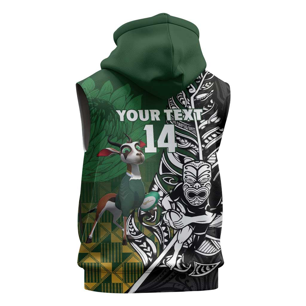 New Zealand and South Africa Rugby Custom Sleeveless Zip Hoodie Maori Tiki Fern Springboks Kente Pattern - Polynesian Pride