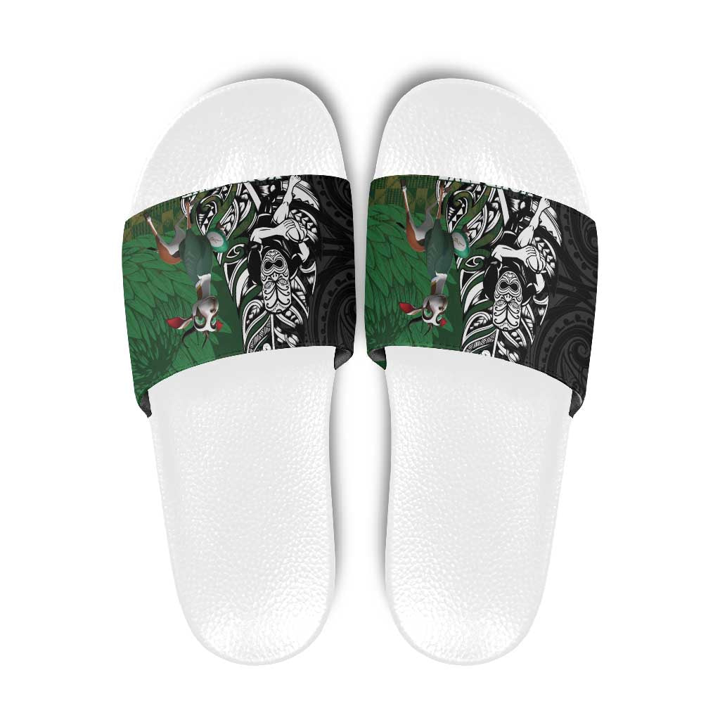 New Zealand and South Africa Rugby Custom Slide Sandals Maori Tiki Fern Springboks Kente Pattern - Polynesian Pride