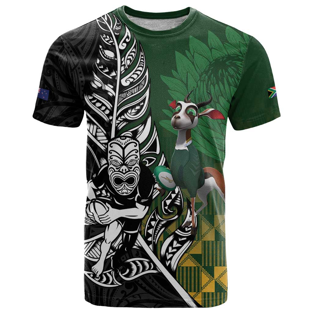 New Zealand and South Africa Rugby Custom T Shirt Maori Tiki Fern Springboks Kente Pattern - Polynesian Pride