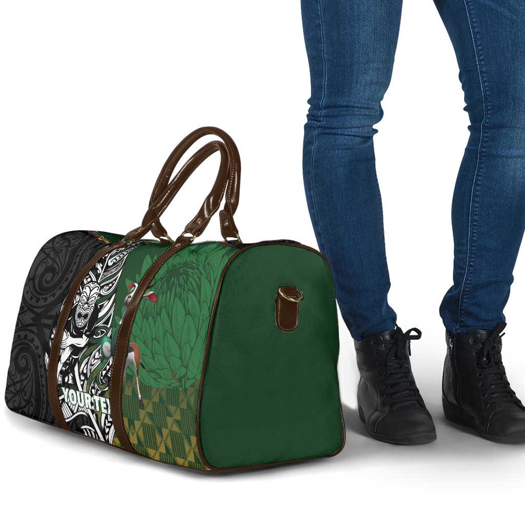New Zealand and South Africa Rugby Custom Travel Bag Maori Tiki Fern Springboks Kente Pattern - Polynesian Pride