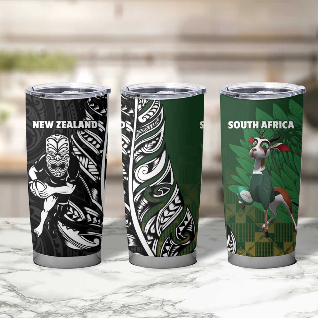 New Zealand and South Africa Rugby Tumbler Cup Maori Tiki Fern Springboks Kente Pattern - Polynesian Pride