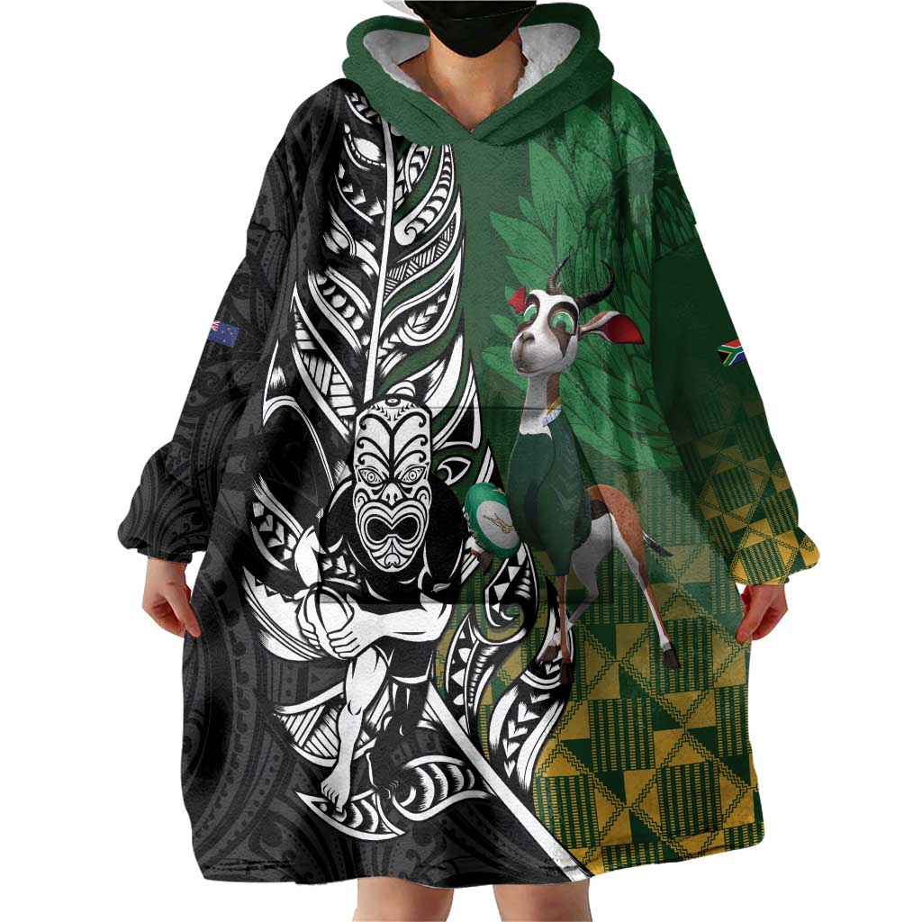 New Zealand and South Africa Rugby Custom Wearable Blanket Hoodie Maori Tiki Fern Springboks Kente Pattern - Polynesian Pride