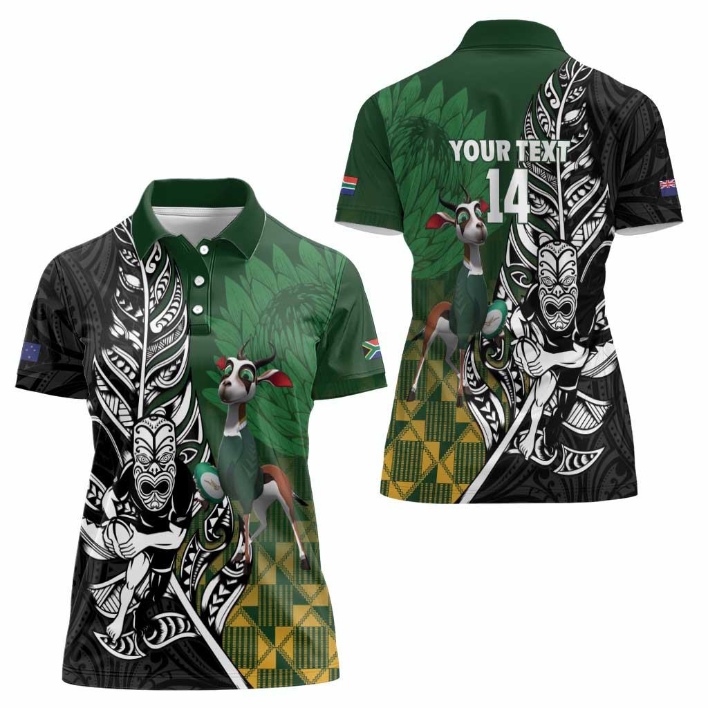 New Zealand and South Africa Rugby Custom Women Polo Shirt Maori Tiki Fern Springboks Kente Pattern - Polynesian Pride