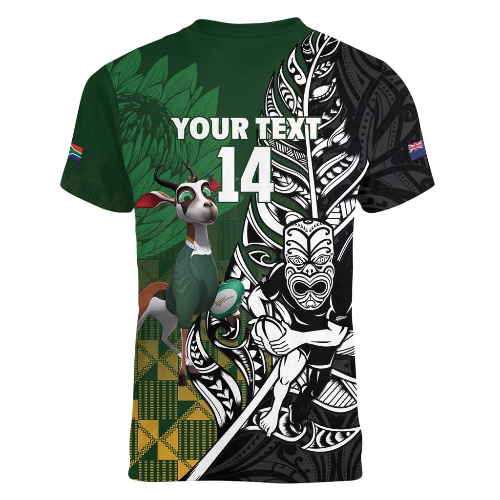 New Zealand and South Africa Rugby Custom Women V-Neck T-Shirt Maori Tiki Fern Springboks Kente Pattern - Polynesian Pride