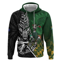 New Zealand and South Africa Rugby Custom Zip Hoodie Maori Tiki Fern Springboks Kente Pattern - Polynesian Pride