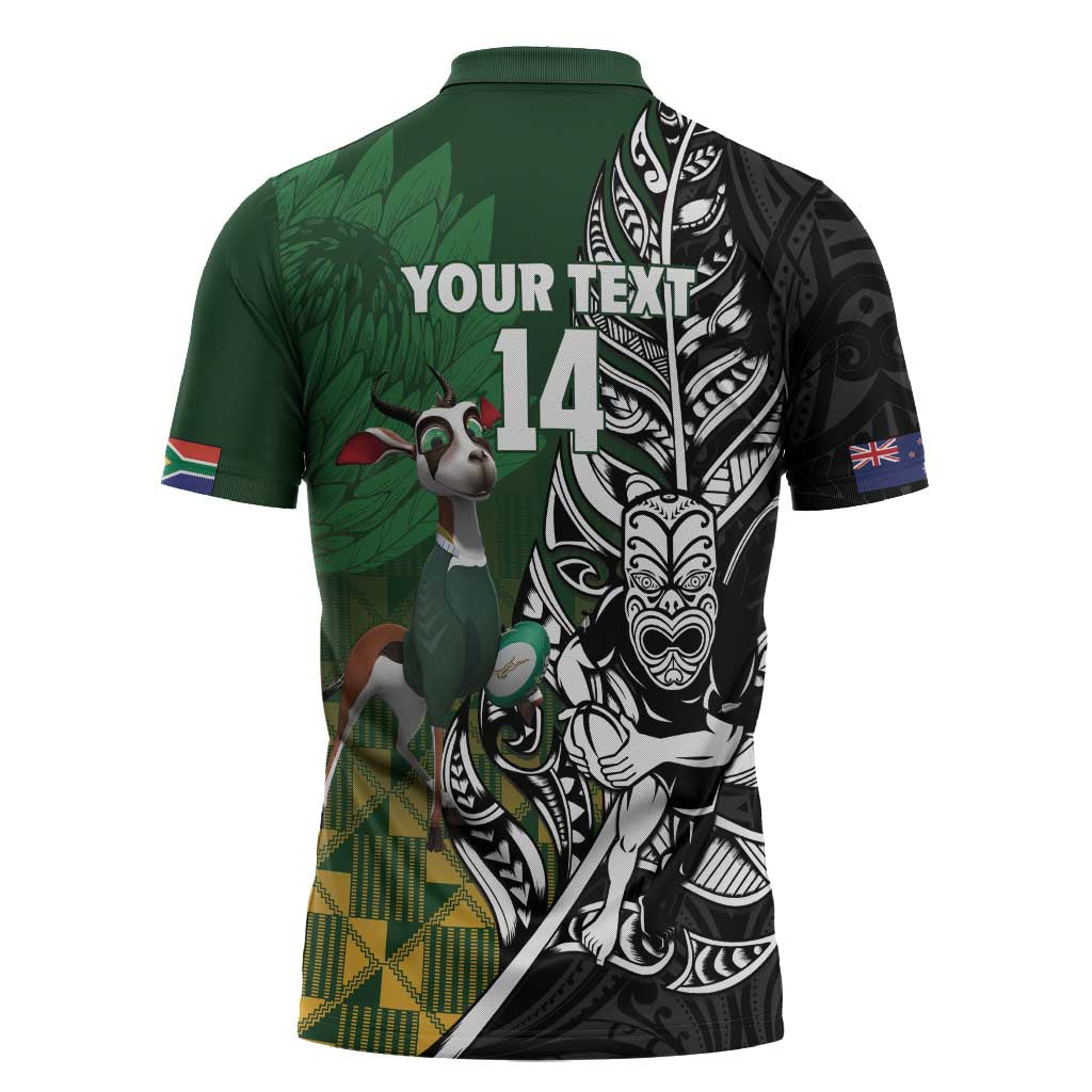 New Zealand and South Africa Rugby Custom Zipper Polo Shirt Maori Tiki Fern Springboks Kente Pattern - Polynesian Pride
