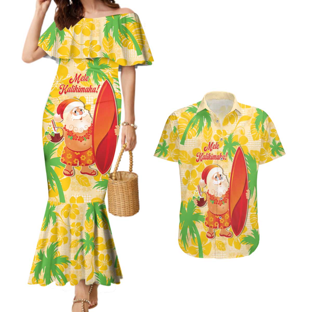 Aloha Hawaii Christmas Couples Matching Mermaid Dress and Hawaiian Shirt Mele Kalikimaka Funny Santa Palaka Quilt Motifs - Polynesian Pride