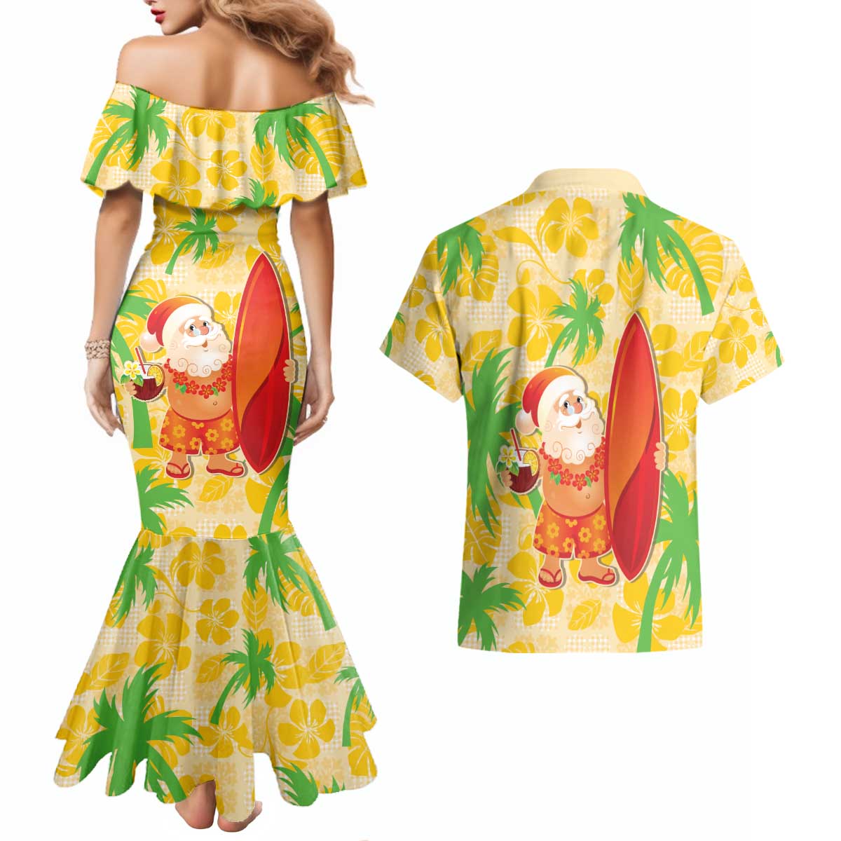 Aloha Hawaii Christmas Couples Matching Mermaid Dress and Hawaiian Shirt Mele Kalikimaka Funny Santa Palaka Quilt Motifs - Polynesian Pride