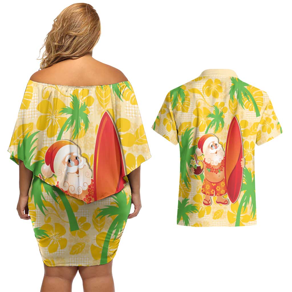 Aloha Hawaii Christmas Couples Matching Off Shoulder Short Dress and Hawaiian Shirt Mele Kalikimaka Funny Santa Palaka Quilt Motifs - Polynesian Pride