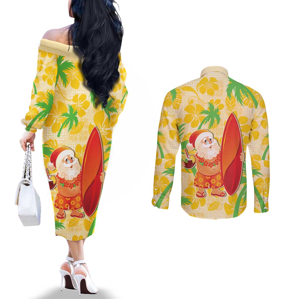 Aloha Hawaii Christmas Couples Matching Off The Shoulder Long Sleeve Dress and Long Sleeve Button Shirt Mele Kalikimaka Funny Santa Palaka Quilt Motifs - Polynesian Pride