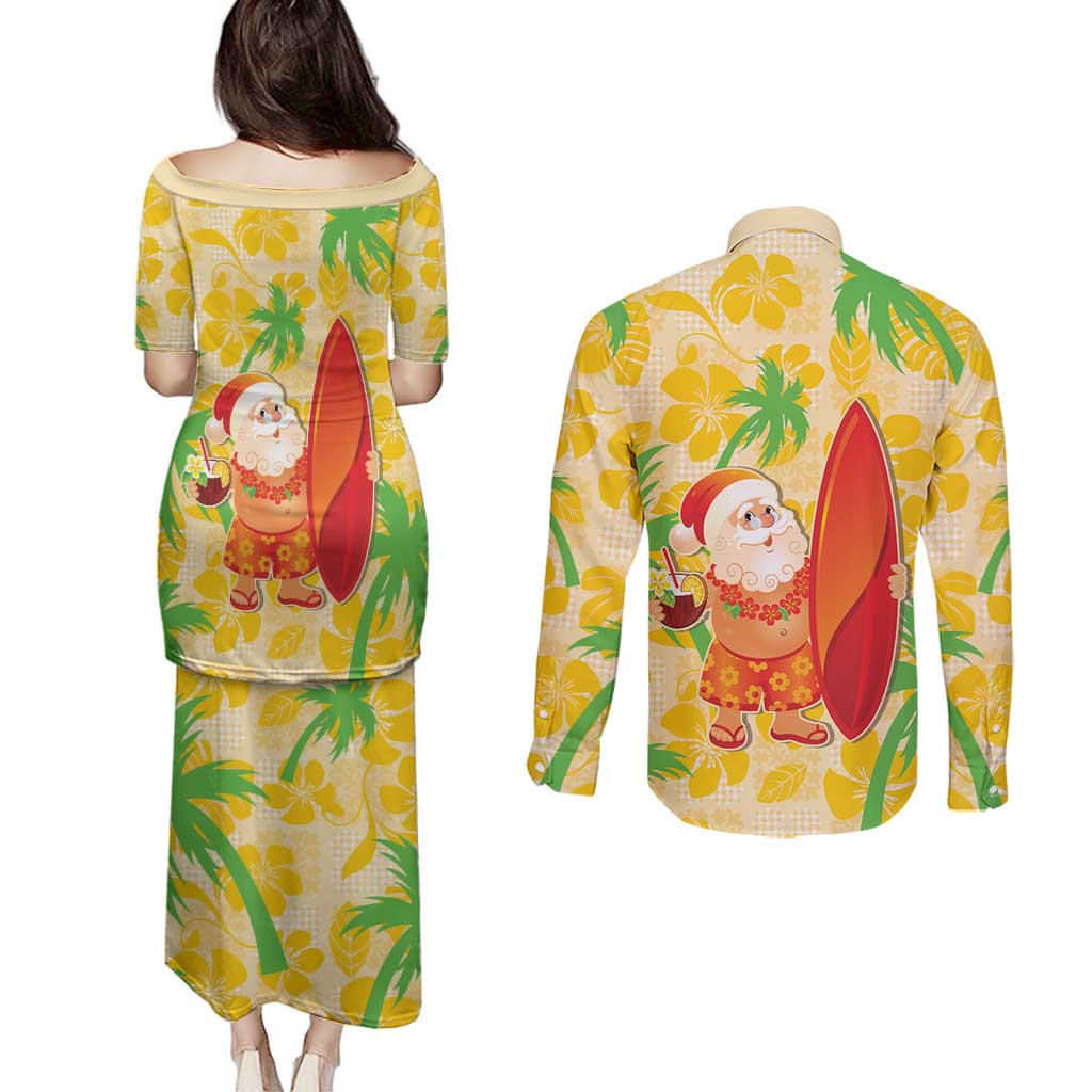 Aloha Hawaii Christmas Couples Matching Puletasi and Long Sleeve Button Shirt Mele Kalikimaka Funny Santa Palaka Quilt Motifs - Polynesian Pride