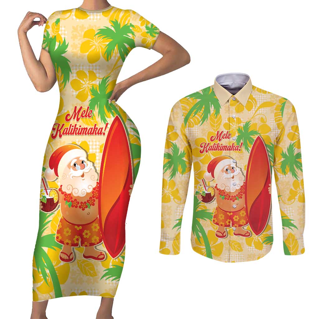 Aloha Hawaii Christmas Couples Matching Short Sleeve Bodycon Dress and Long Sleeve Button Shirt Mele Kalikimaka Funny Santa Palaka Quilt Motifs - Polynesian Pride