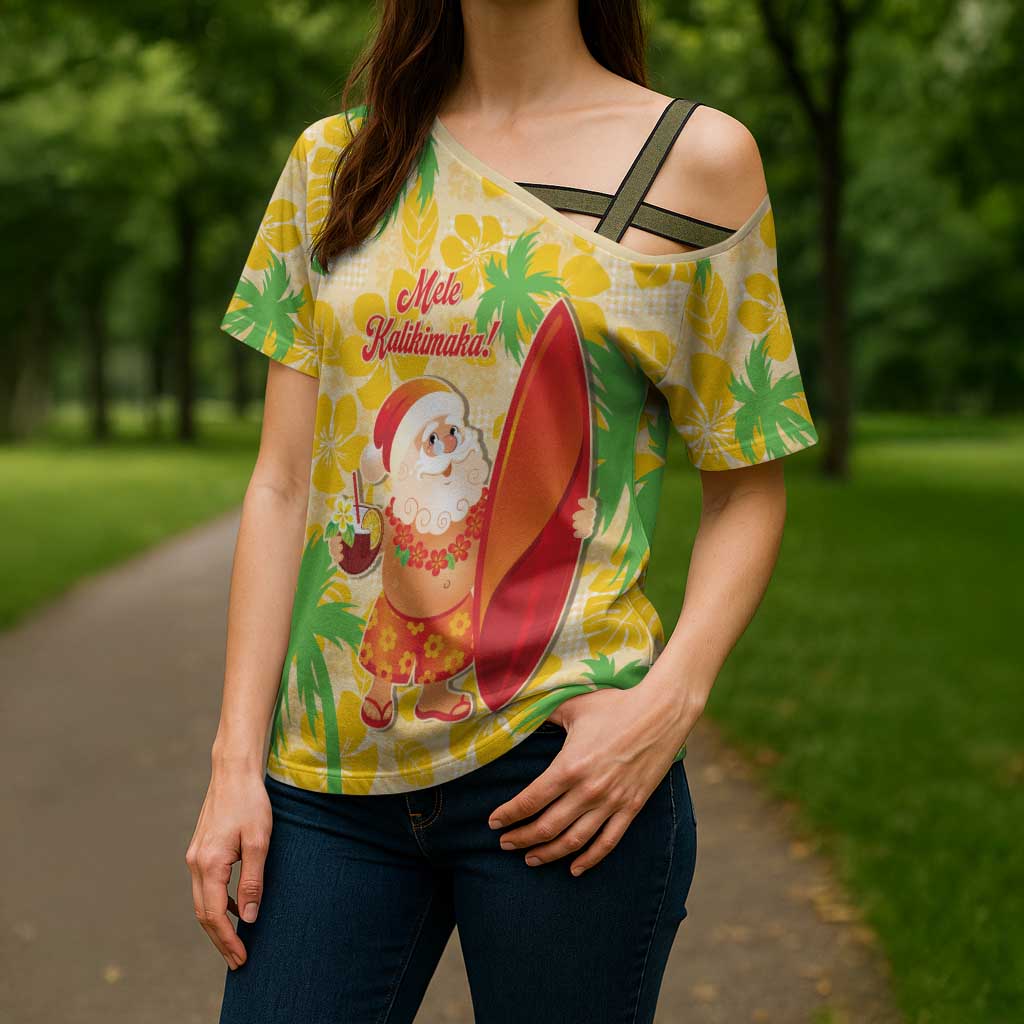 Aloha Hawaii Christmas Cross Shoulder Shirt Mele Kalikimaka Funny Santa Palaka Quilt Motifs - Polynesian Pride