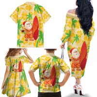 Aloha Hawaii Christmas Family Matching Off The Shoulder Long Sleeve Dress and Hawaiian Shirt Mele Kalikimaka Funny Santa Palaka Quilt Motifs - Polynesian Pride