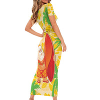 Aloha Hawaii Christmas Family Matching Short Sleeve Bodycon Dress and Hawaiian Shirt Mele Kalikimaka Funny Santa Palaka Quilt Motifs - Polynesian Pride