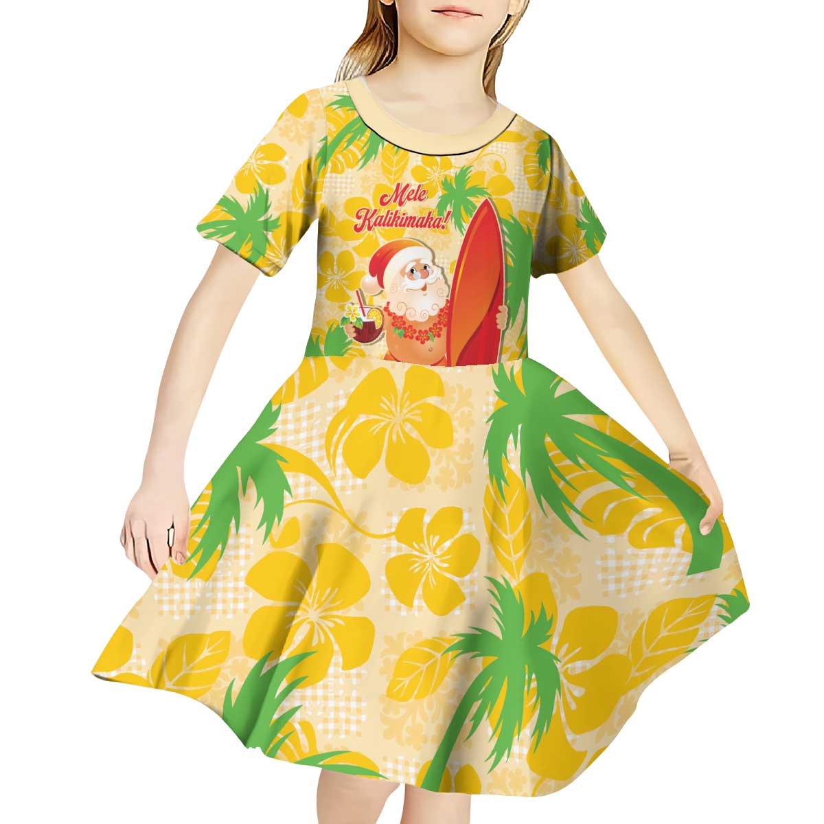 Aloha Hawaii Christmas Kid Short Sleeve Dress Mele Kalikimaka Funny Santa Palaka Quilt Motifs - Polynesian Pride
