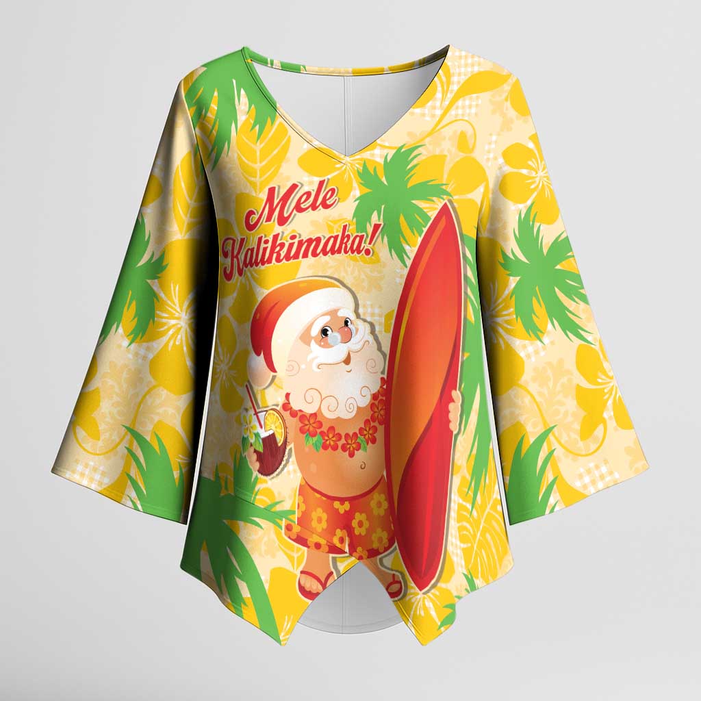 Aloha Hawaii Christmas Kimono Sleeve Blouse Mele Kalikimaka Funny Santa Palaka Quilt Motifs - Polynesian Pride