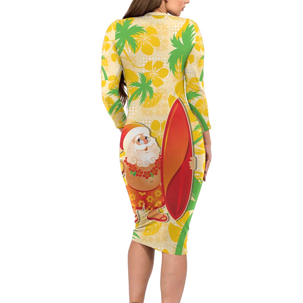 Aloha Hawaii Christmas Long Sleeve Bodycon Dress Mele Kalikimaka Funny Santa Palaka Quilt Motifs - Polynesian Pride