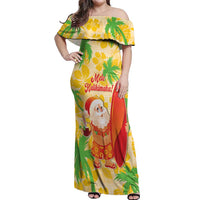 Aloha Hawaii Christmas Off Shoulder Maxi Dress Mele Kalikimaka Funny Santa Palaka Quilt Motifs - Polynesian Pride