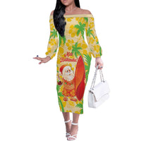 Aloha Hawaii Christmas Off The Shoulder Long Sleeve Dress Mele Kalikimaka Funny Santa Palaka Quilt Motifs - Polynesian Pride