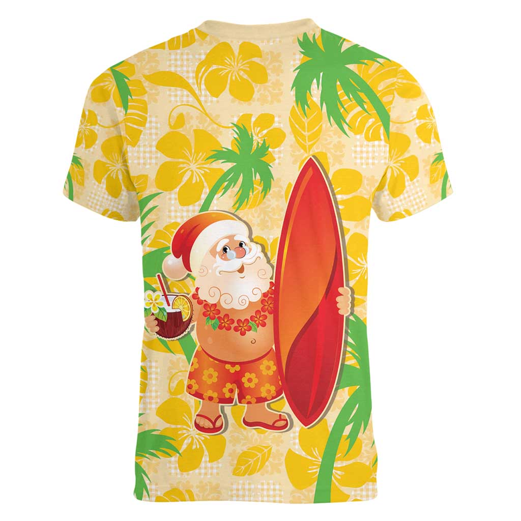 Aloha Hawaii Christmas Women V-Neck T-Shirt Mele Kalikimaka Funny Santa Palaka Quilt Motifs - Polynesian Pride