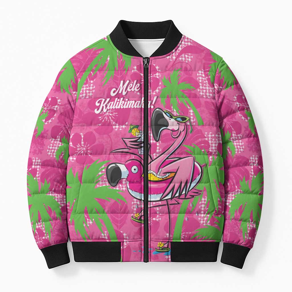 Aloha Hawaii Christmas Bomber Puffer Jacket Mele Kalikimaka Chill Flamingo Palaka Quilt Motifs - Polynesian Pride
