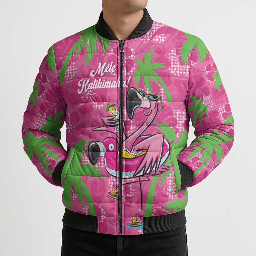 Aloha Hawaii Christmas Bomber Puffer Jacket Mele Kalikimaka Chill Flamingo Palaka Quilt Motifs - Polynesian Pride