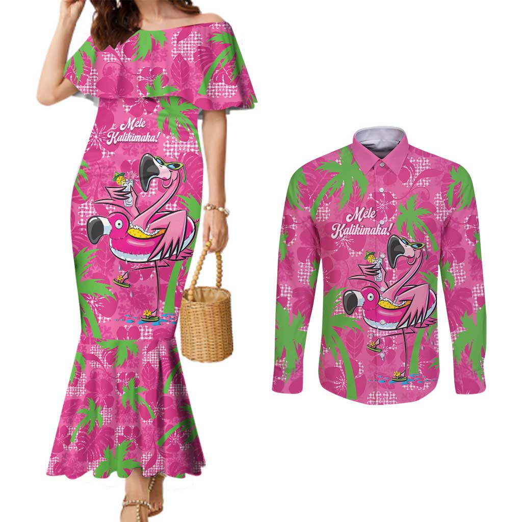Aloha Hawaii Christmas Couples Matching Mermaid Dress and Long Sleeve Button Shirt Mele Kalikimaka Chill Flamingo Palaka Quilt Motifs - Polynesian Pride
