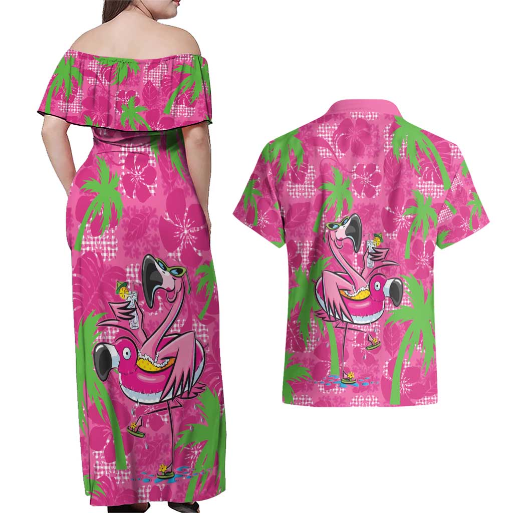 Aloha Hawaii Christmas Couples Matching Off Shoulder Maxi Dress and Hawaiian Shirt Mele Kalikimaka Chill Flamingo Palaka Quilt Motifs - Polynesian Pride