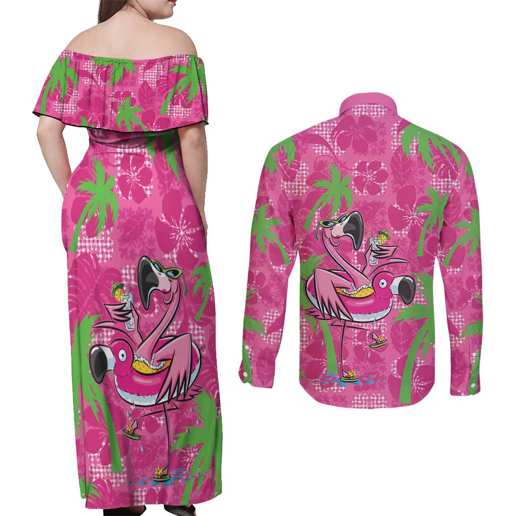 Aloha Hawaii Christmas Couples Matching Off Shoulder Maxi Dress and Long Sleeve Button Shirt Mele Kalikimaka Chill Flamingo Palaka Quilt Motifs - Polynesian Pride