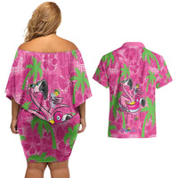 Aloha Hawaii Christmas Couples Matching Off Shoulder Short Dress and Hawaiian Shirt Mele Kalikimaka Chill Flamingo Palaka Quilt Motifs - Polynesian Pride