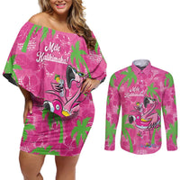 Aloha Hawaii Christmas Couples Matching Off Shoulder Short Dress and Long Sleeve Button Shirt Mele Kalikimaka Chill Flamingo Palaka Quilt Motifs - Polynesian Pride