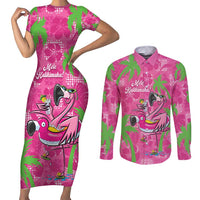 Aloha Hawaii Christmas Couples Matching Short Sleeve Bodycon Dress and Long Sleeve Button Shirt Mele Kalikimaka Chill Flamingo Palaka Quilt Motifs - Polynesian Pride