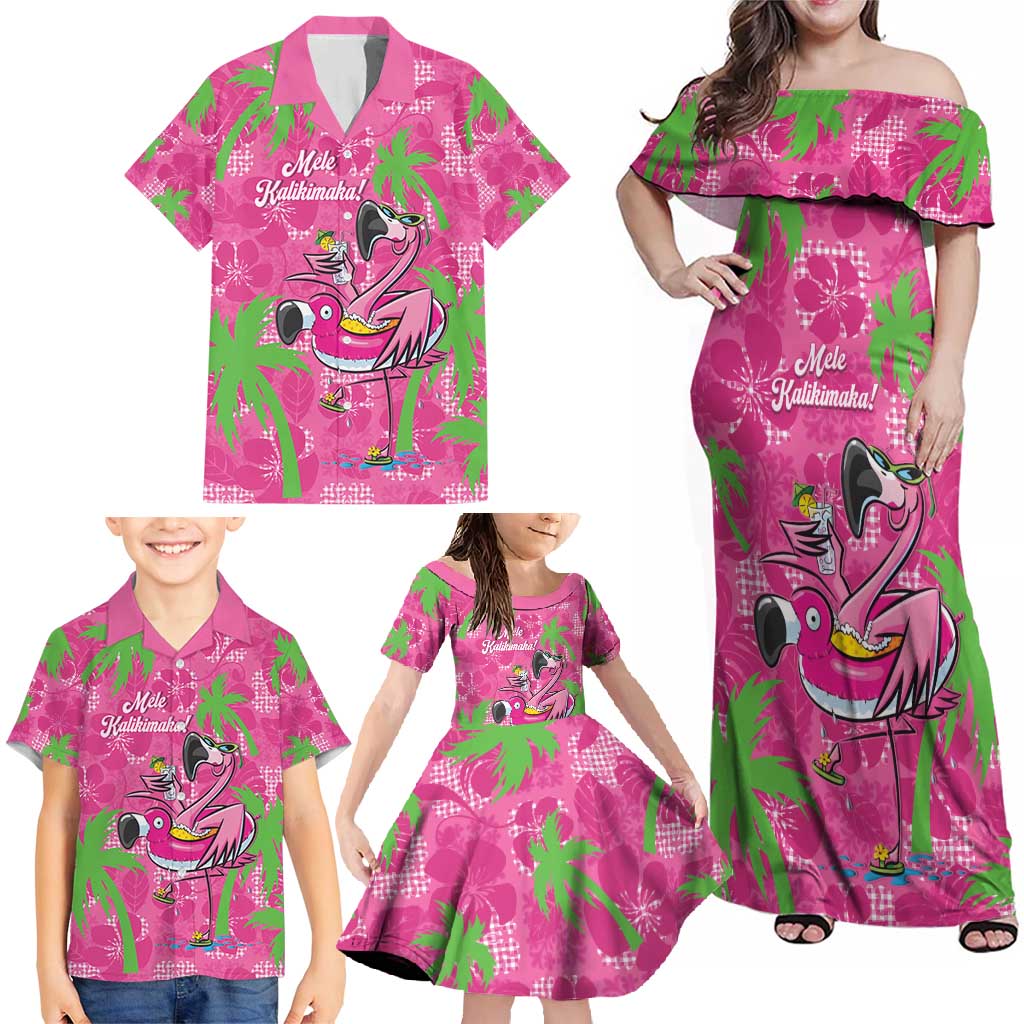 Aloha Hawaii Christmas Family Matching Off Shoulder Maxi Dress and Hawaiian Shirt Mele Kalikimaka Chill Flamingo Palaka Quilt Motifs - Polynesian Pride