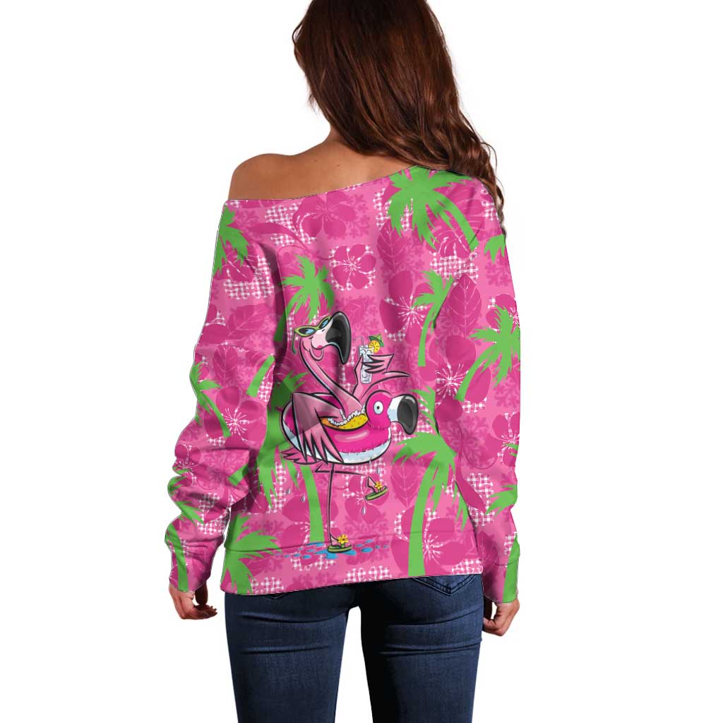 Aloha Hawaii Christmas Off Shoulder Sweater Mele Kalikimaka Chill Flamingo Palaka Quilt Motifs - Polynesian Pride