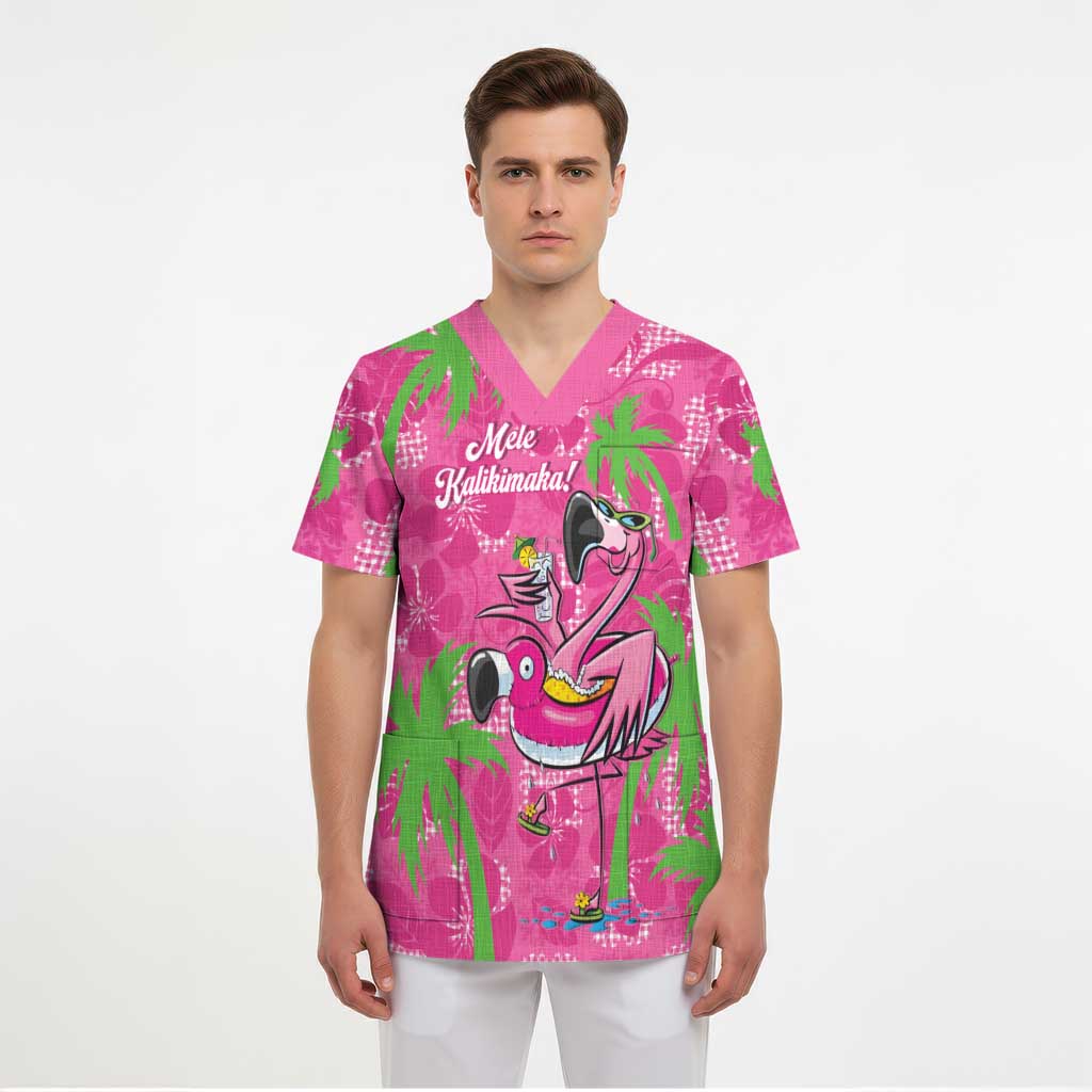 Aloha Hawaii Christmas Scrub Top Mele Kalikimaka Chill Flamingo Palaka Quilt Motifs - Polynesian Pride