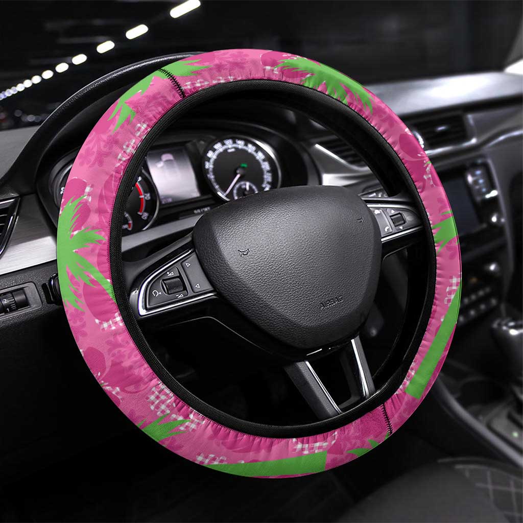 Aloha Hawaii Christmas Steering Wheel Cover Mele Kalikimaka Chill Flamingo Palaka Quilt Motifs - Polynesian Pride