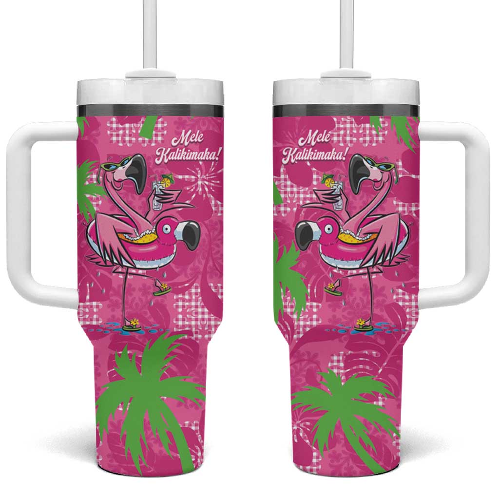 Aloha Hawaii Christmas Tumbler With Handle Mele Kalikimaka Chill Flamingo Palaka Quilt Motifs - Polynesian Pride
