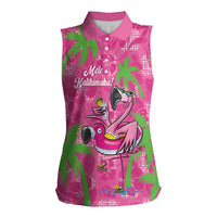 Aloha Hawaii Christmas Women Sleeveless Polo Shirt Mele Kalikimaka Chill Flamingo Palaka Quilt Motifs - Polynesian Pride