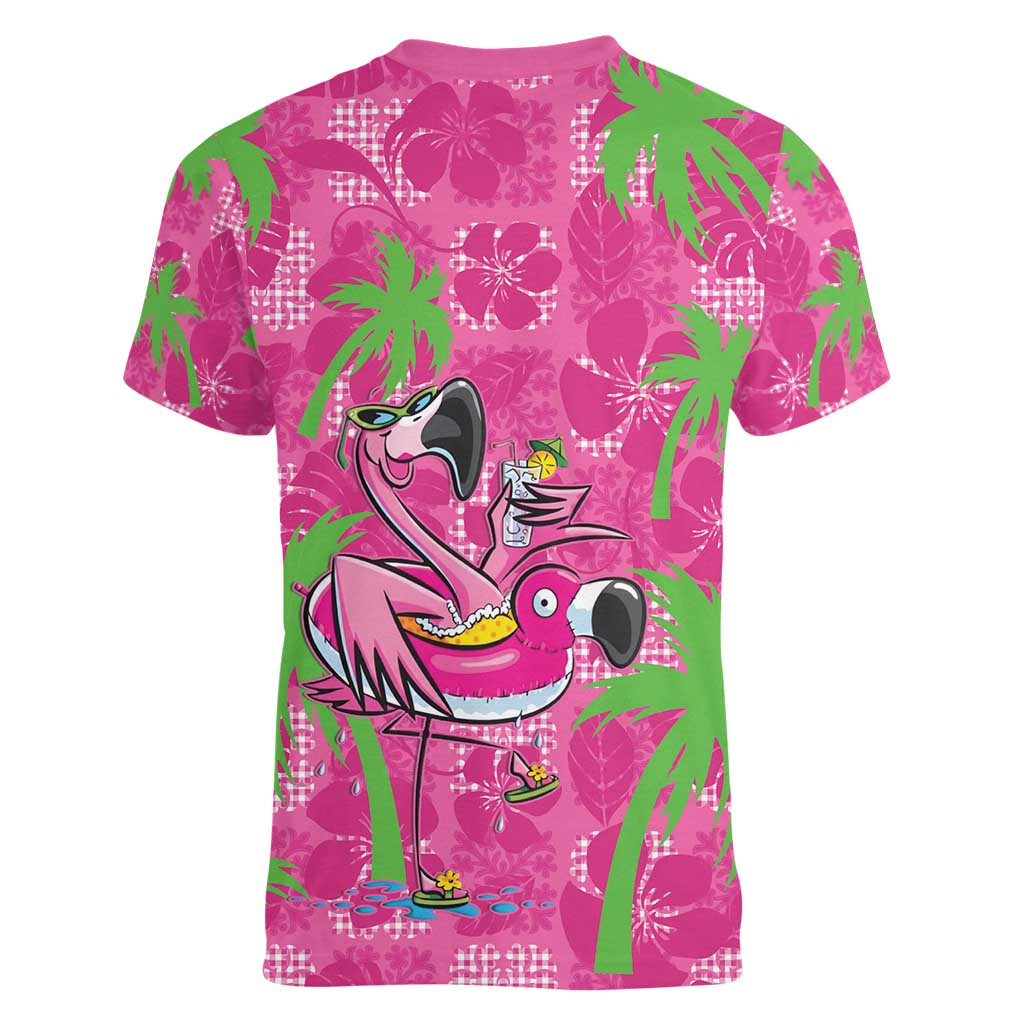 Aloha Hawaii Christmas Women V-Neck T-Shirt Mele Kalikimaka Chill Flamingo Palaka Quilt Motifs - Polynesian Pride