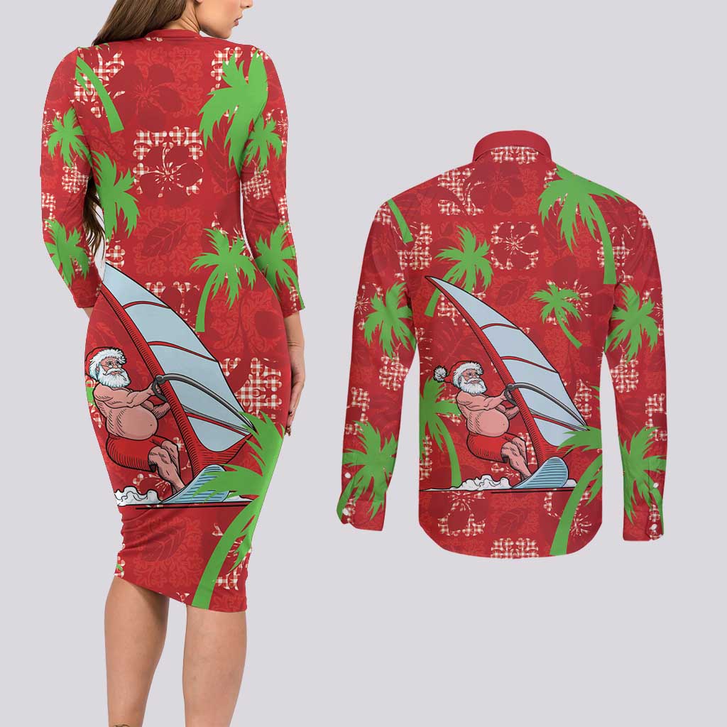 Aloha Hawaii Christmas Couples Matching Long Sleeve Bodycon Dress and Long Sleeve Button Shirt Mele Kalikimaka Windsurfing Santa Palaka Quilt Motifs - Polynesian Pride
