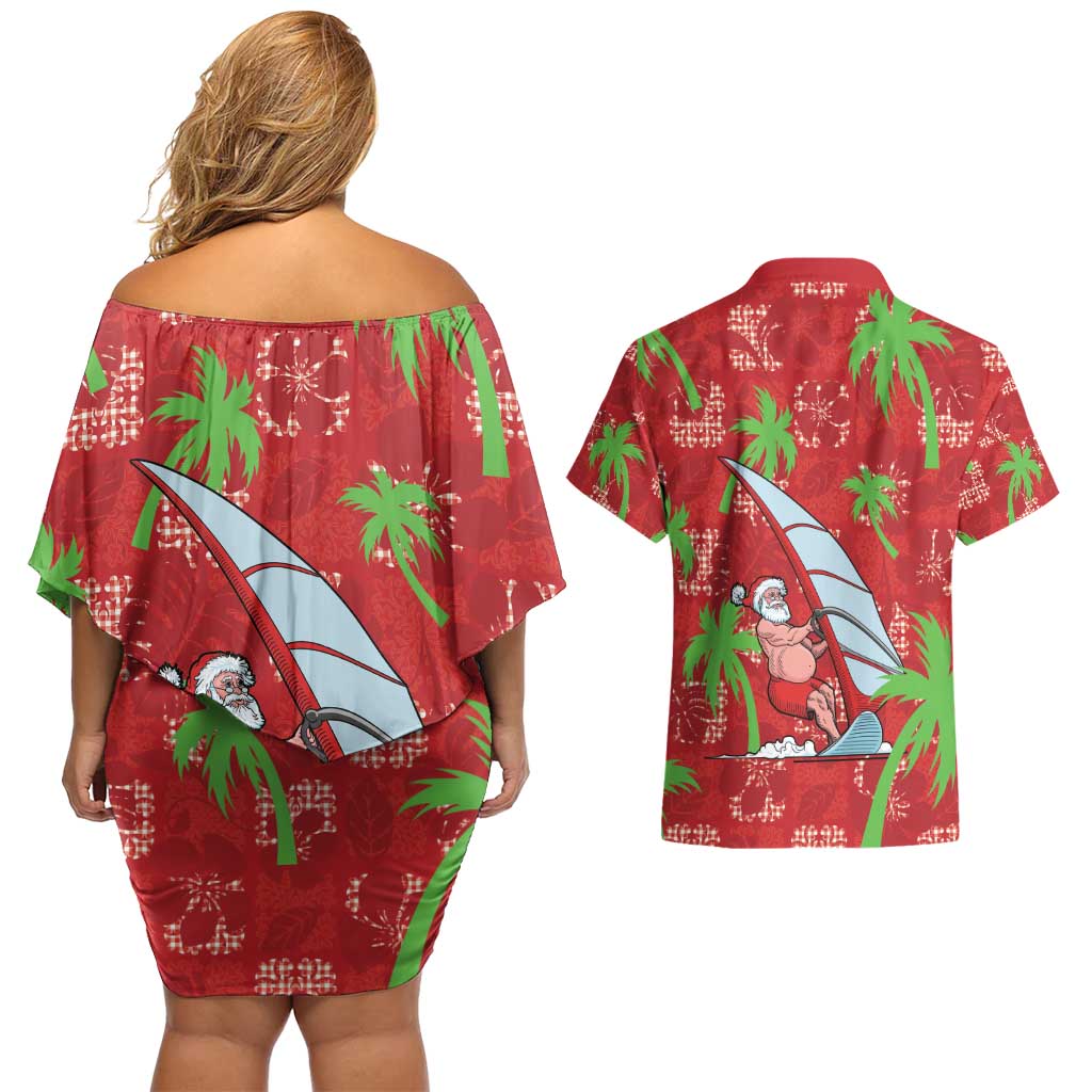 Aloha Hawaii Christmas Couples Matching Off Shoulder Short Dress and Hawaiian Shirt Mele Kalikimaka Windsurfing Santa Palaka Quilt Motifs - Polynesian Pride