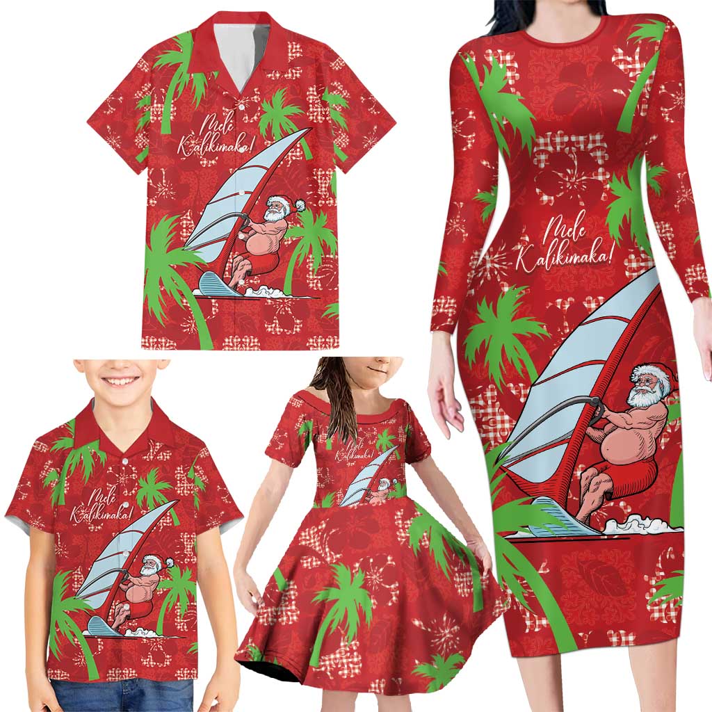 Aloha Hawaii Christmas Family Matching Long Sleeve Bodycon Dress and Hawaiian Shirt Mele Kalikimaka Windsurfing Santa Palaka Quilt Motifs - Polynesian Pride