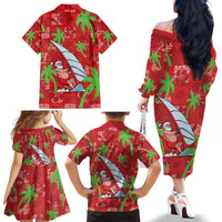 Aloha Hawaii Christmas Family Matching Off The Shoulder Long Sleeve Dress and Hawaiian Shirt Mele Kalikimaka Windsurfing Santa Palaka Quilt Motifs - Polynesian Pride